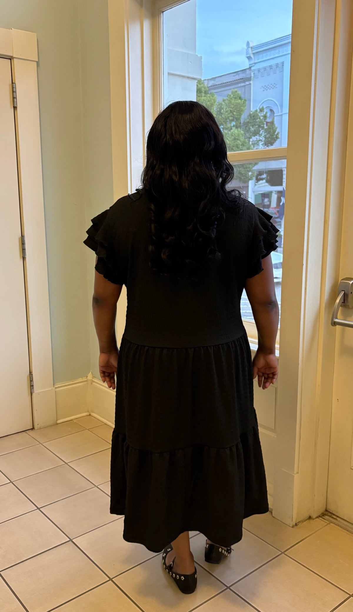 Black Textured Dress with Ruffled Sleeves & Pockets