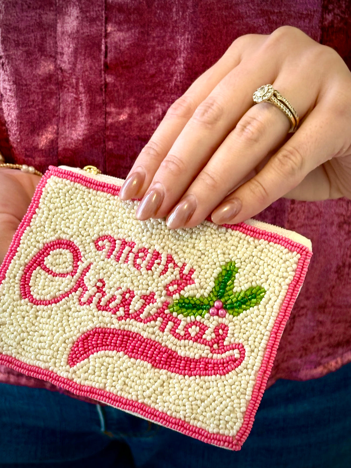 Pink Merry Christmas Beaded Mini Wallet