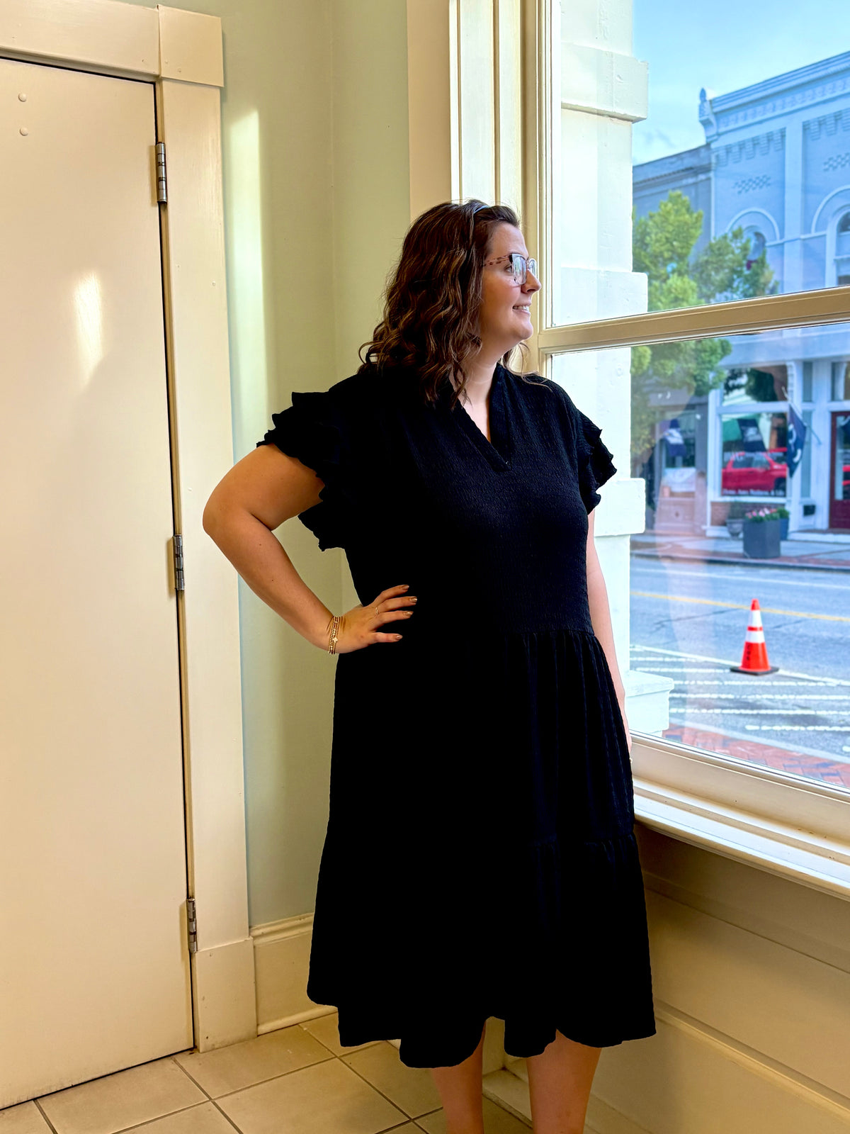 Black Textured Dress with Ruffled Sleeves & Pockets