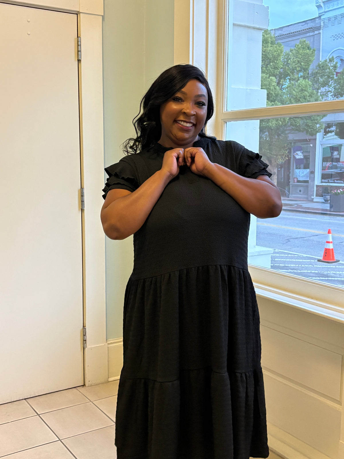 Black Textured Dress with Ruffled Sleeves & Pockets