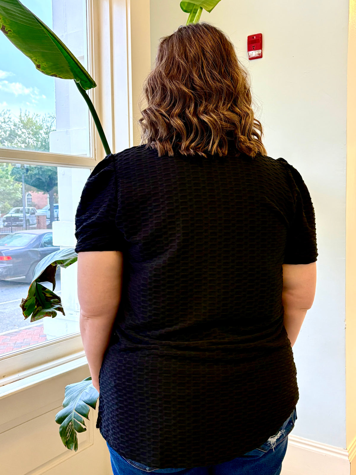 Black Textured Puff Short Sleeve Blouse