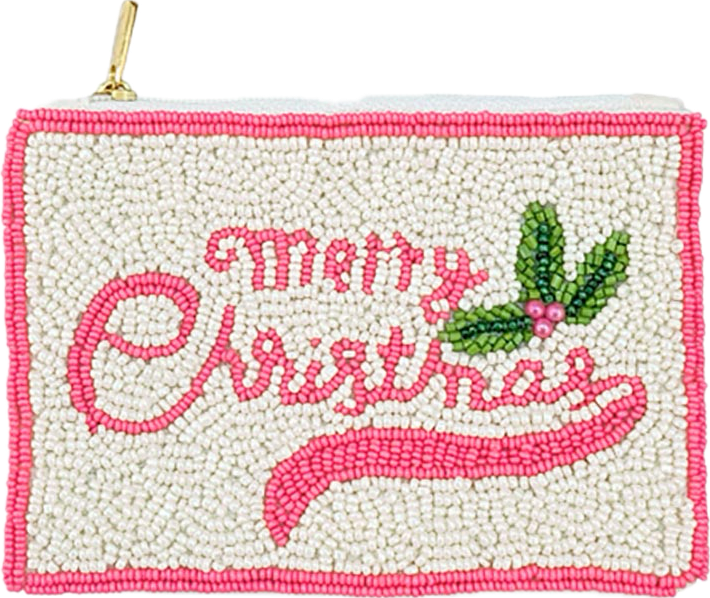 Pink Merry Christmas Beaded Mini Wallet