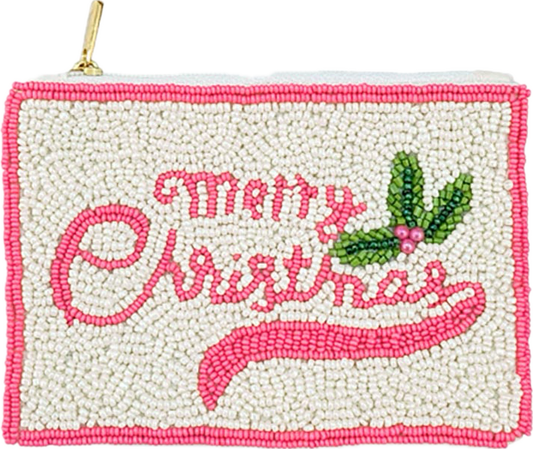 Pink Merry Christmas Beaded Mini Wallet