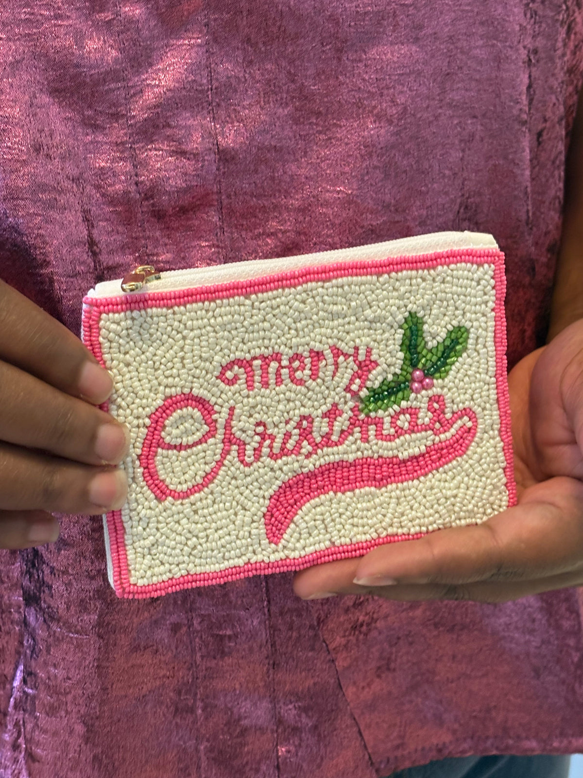 Pink Merry Christmas Beaded Mini Wallet