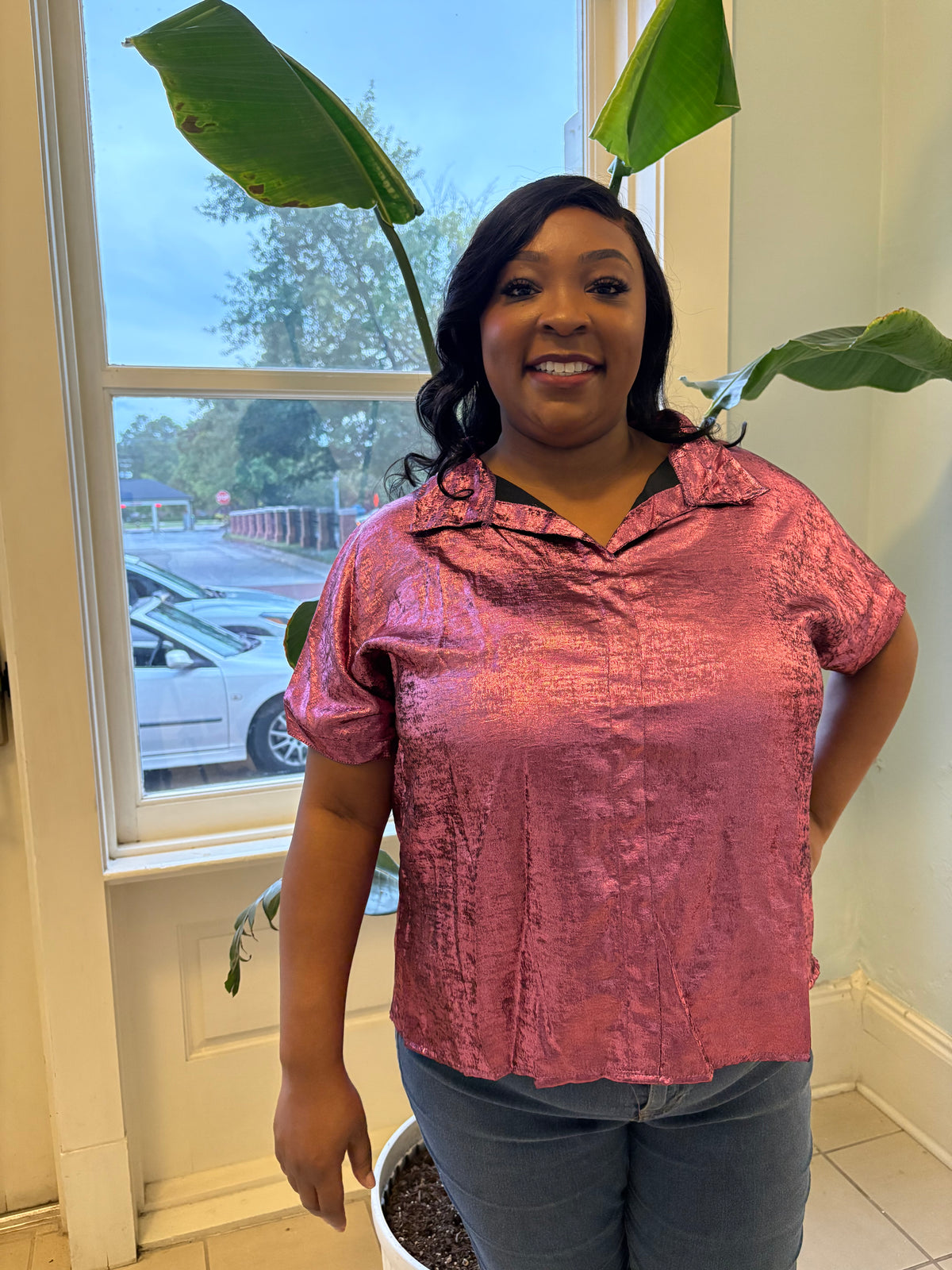 Collared Neck Short Sleeve Metallic Shirt