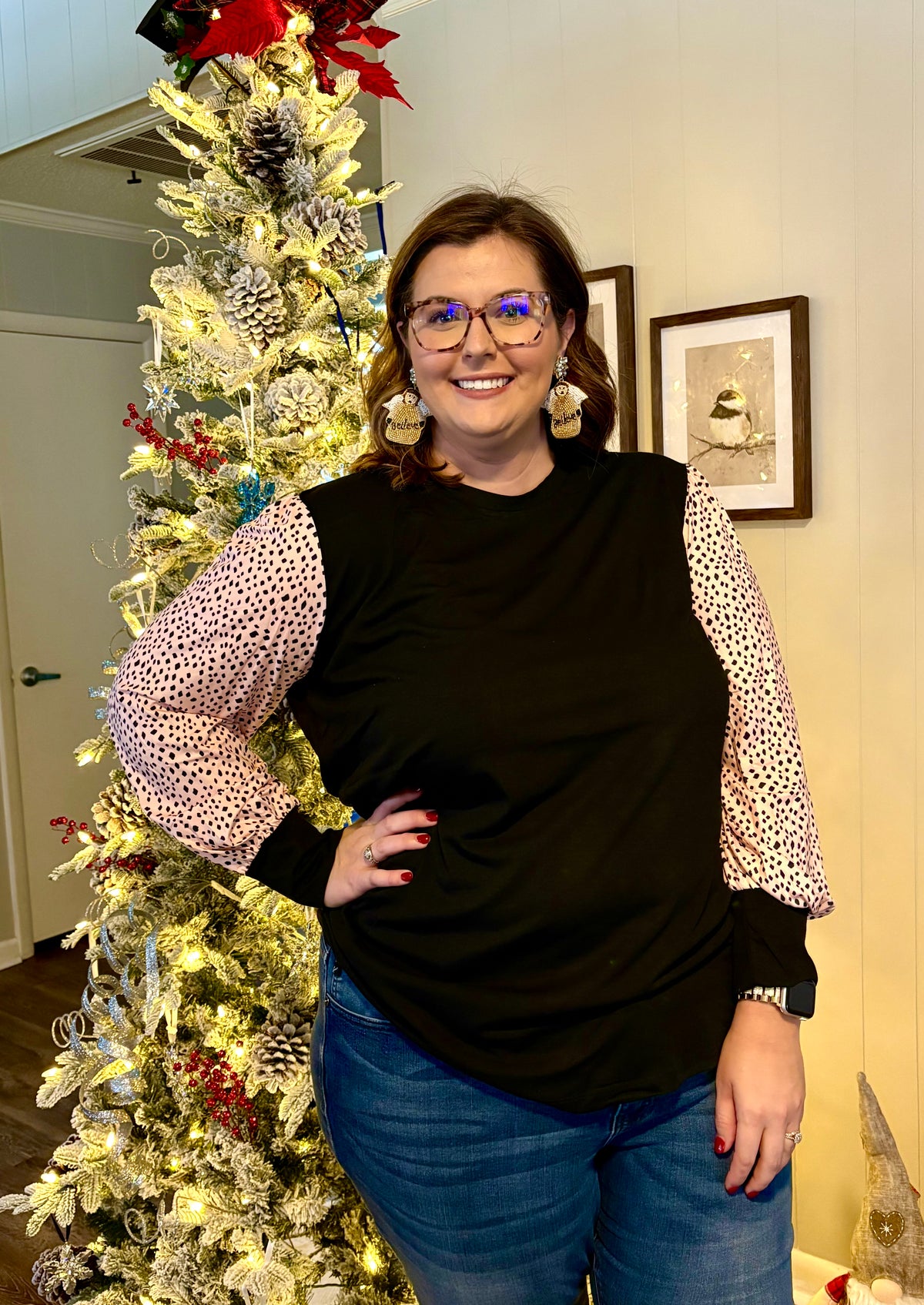 Animal Print-Sleeved Blouse