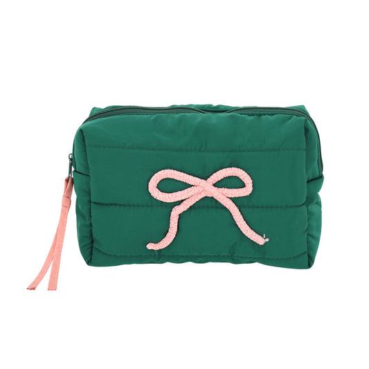 Quilted Green Cosmetic Bag with Pink Bow