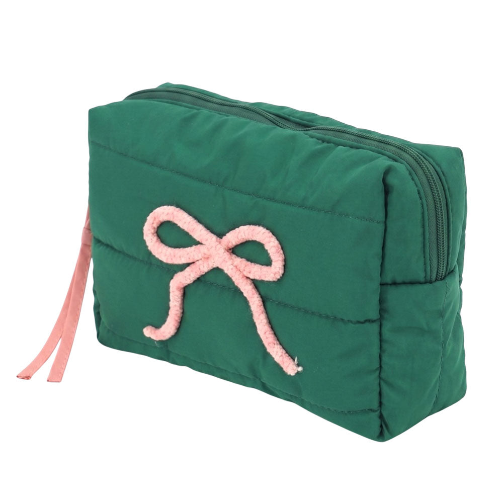 Quilted Green Cosmetic Bag with Pink Bow